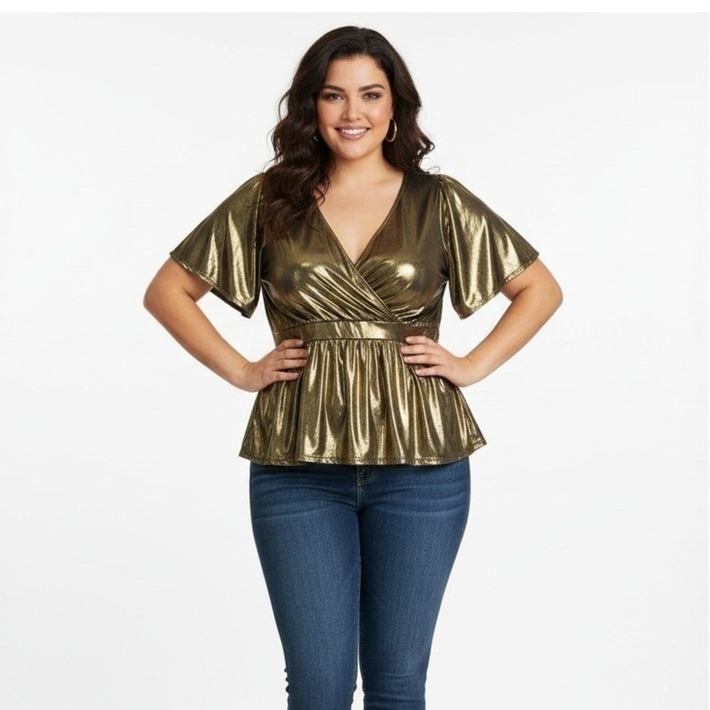 Torrid Liquid Shine Surplice Peplum Top Blouse Gold Plus Size 1 1X (16W-18W)